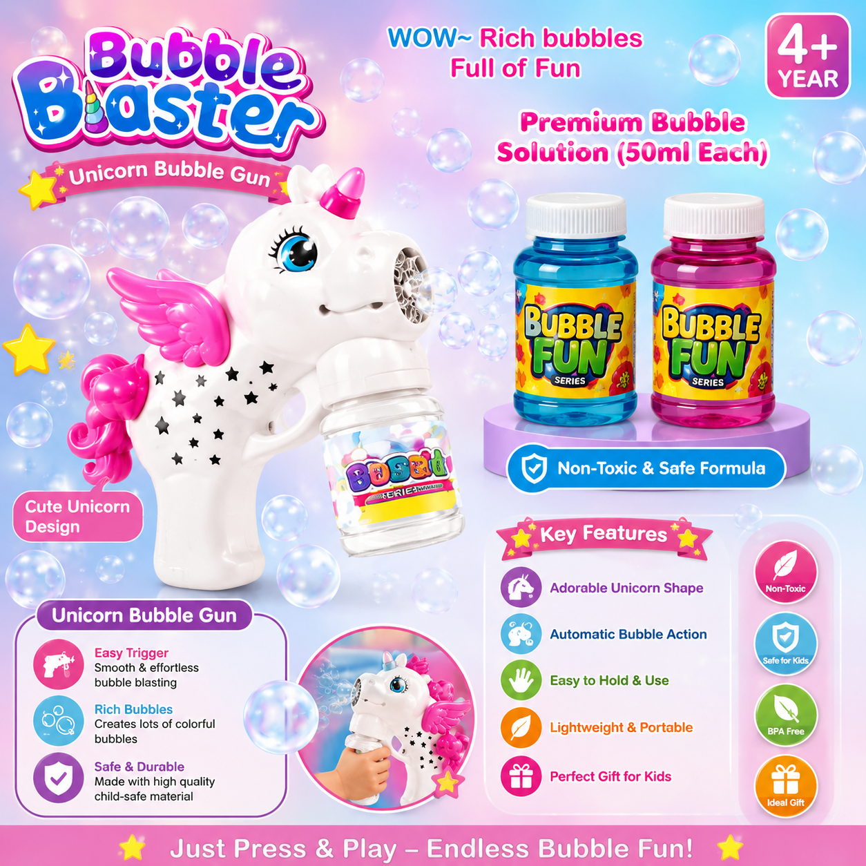Bubble Blaster Toy Gun for Kids | Automatic Bubble Maker with Bubble Solution | Outdoor Fun Toy