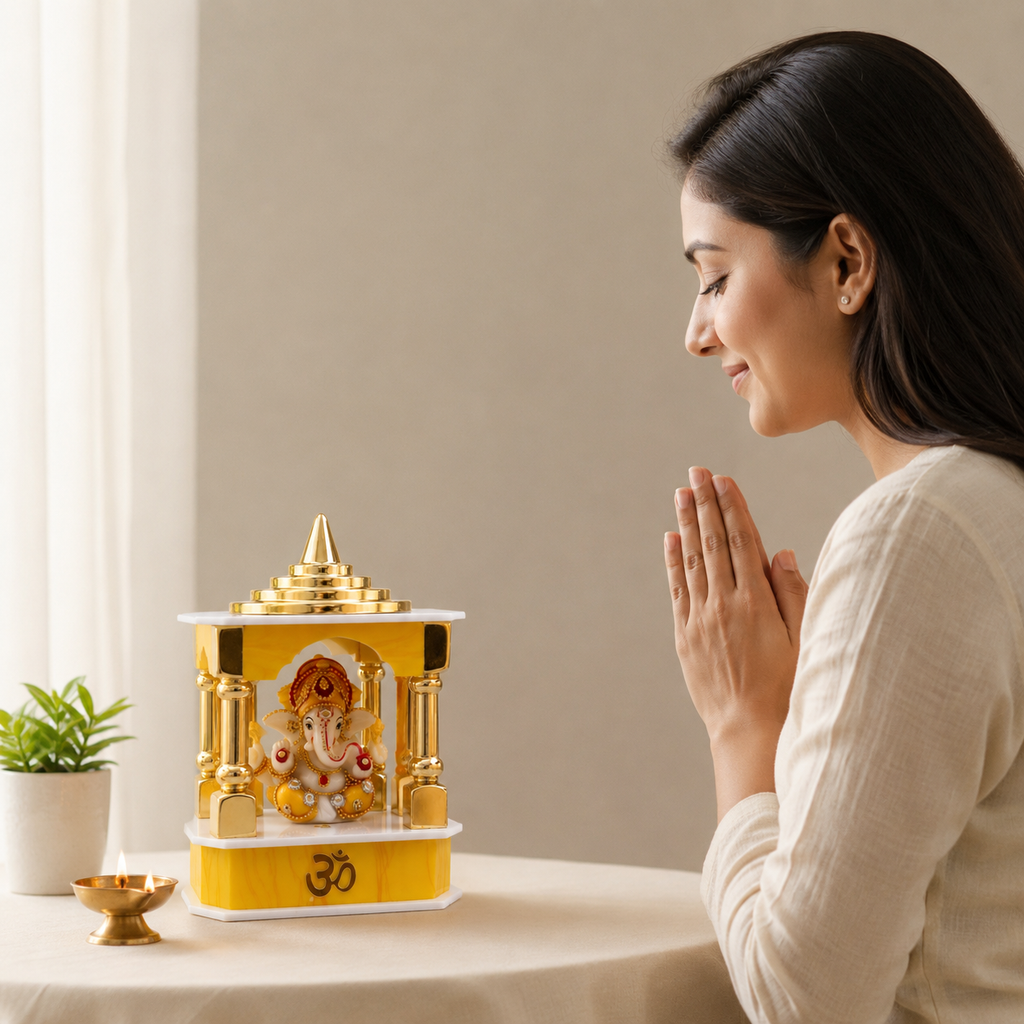 Small Ganesh Mandir for Home, Office & Car Dashboard | Mini Lord Ganesha Temple Showpiece | Spiritual Decor & Gift