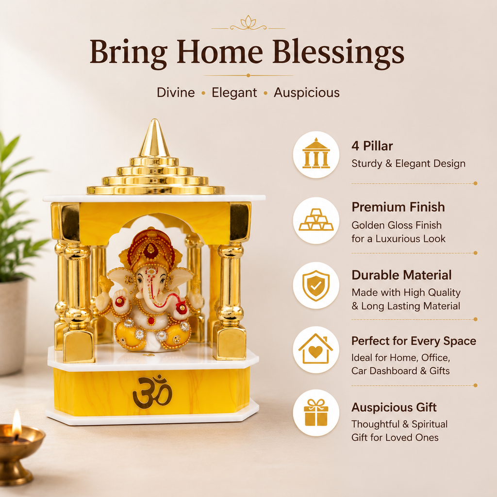Small Ganesh Mandir for Home, Office & Car Dashboard | Mini Lord Ganesha Temple Showpiece | Spiritual Decor & Gift