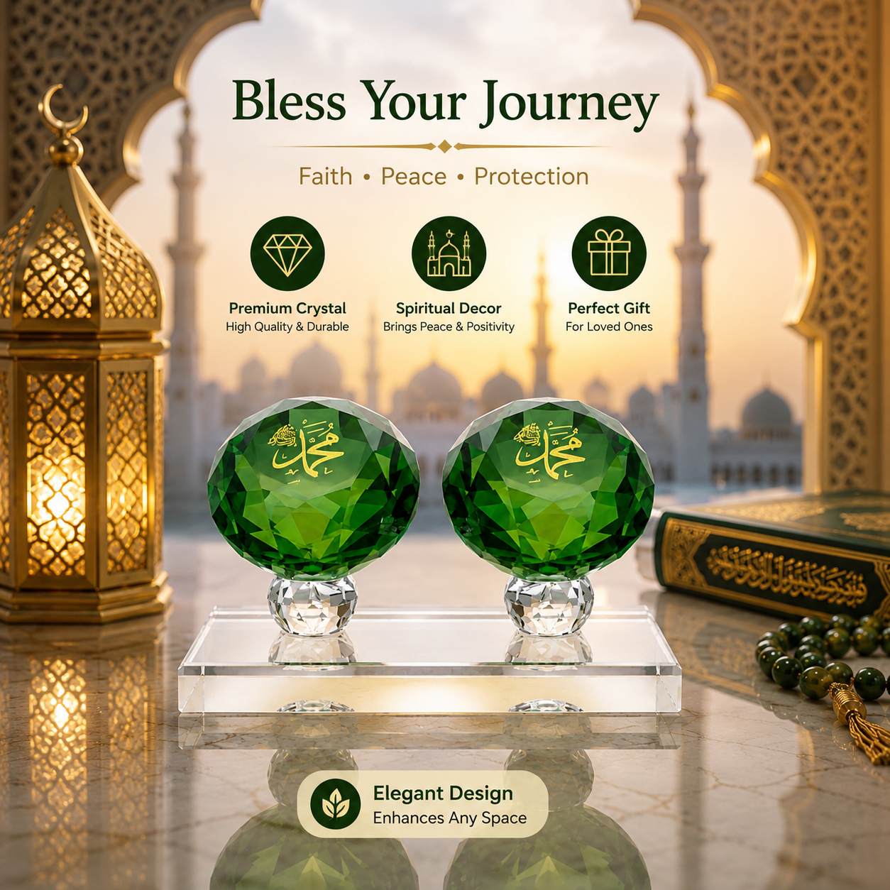 Premium Crystal Islamic Car Dashboard Showpiece | Elegant Spiritual Car Decor & Gift