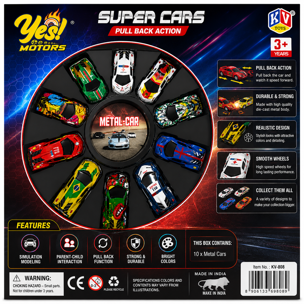 Die-Cast Pull Back Racing Car Toy for Kids | Friction Powered Sports Car | Metal Mini Vehicle | 3+ Years
