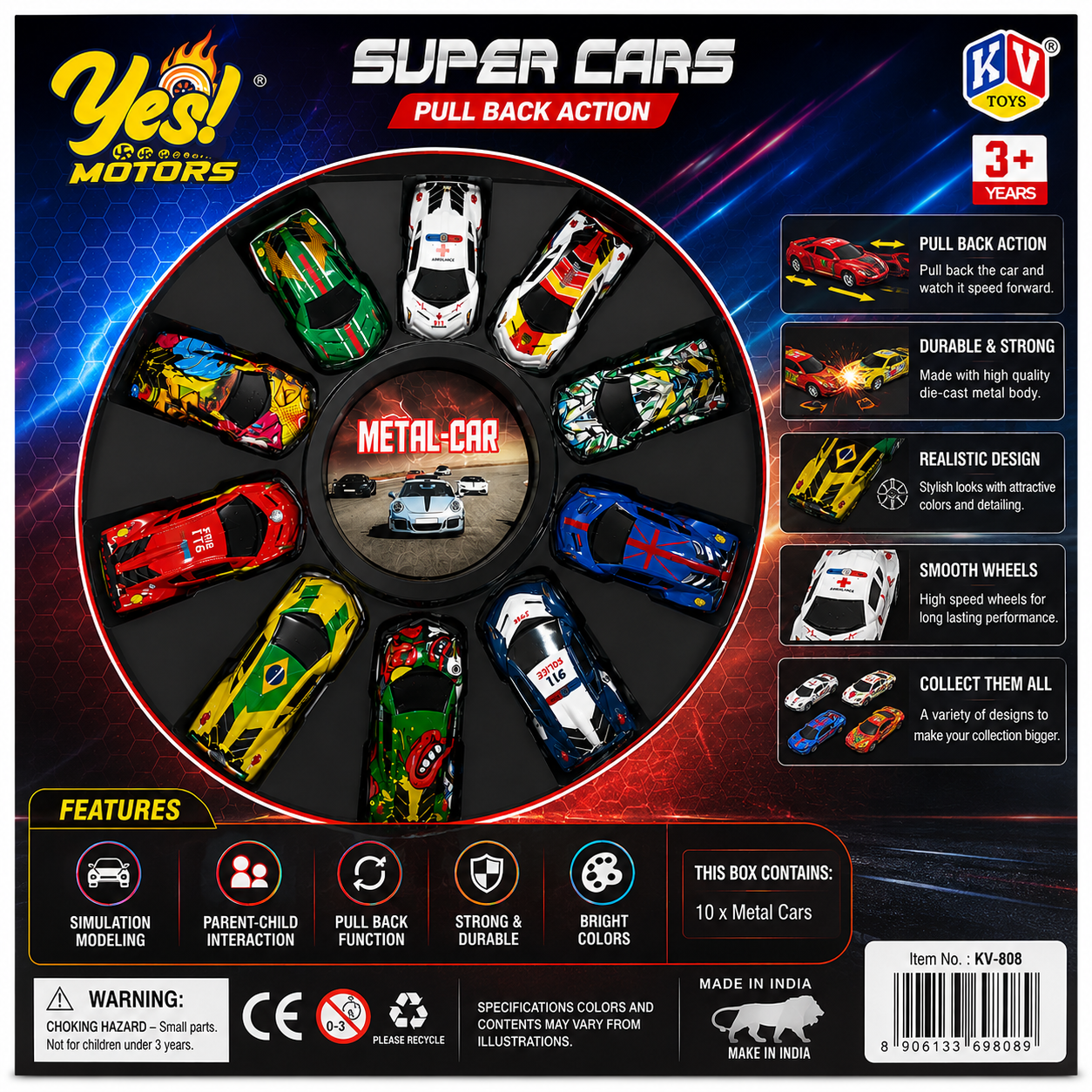 Die-Cast Pull Back Racing Car Toy for Kids | Friction Powered Sports Car | Metal Mini Vehicle | 3+ Years