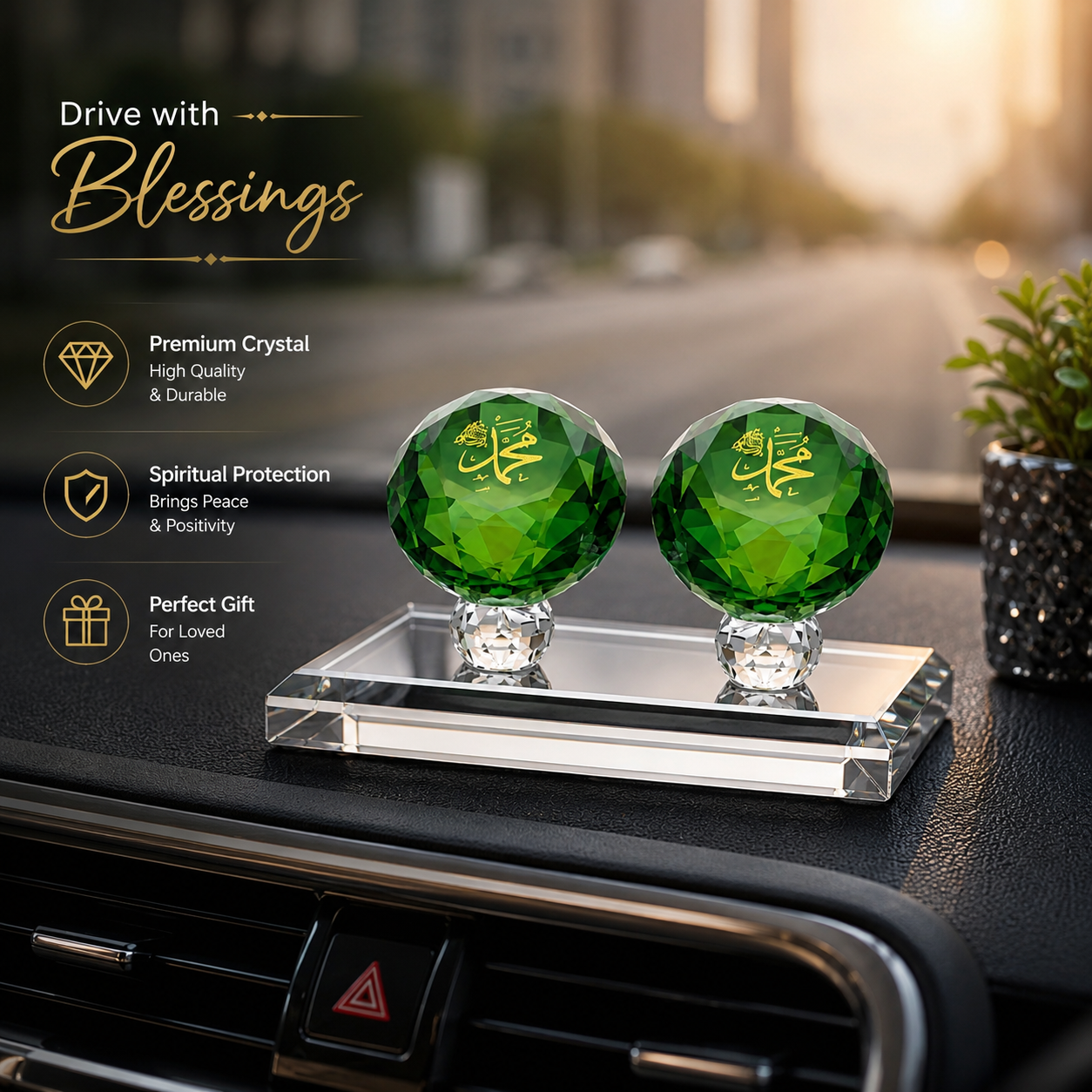 Premium Crystal Islamic Car Dashboard Showpiece | Elegant Spiritual Car Decor & Gift