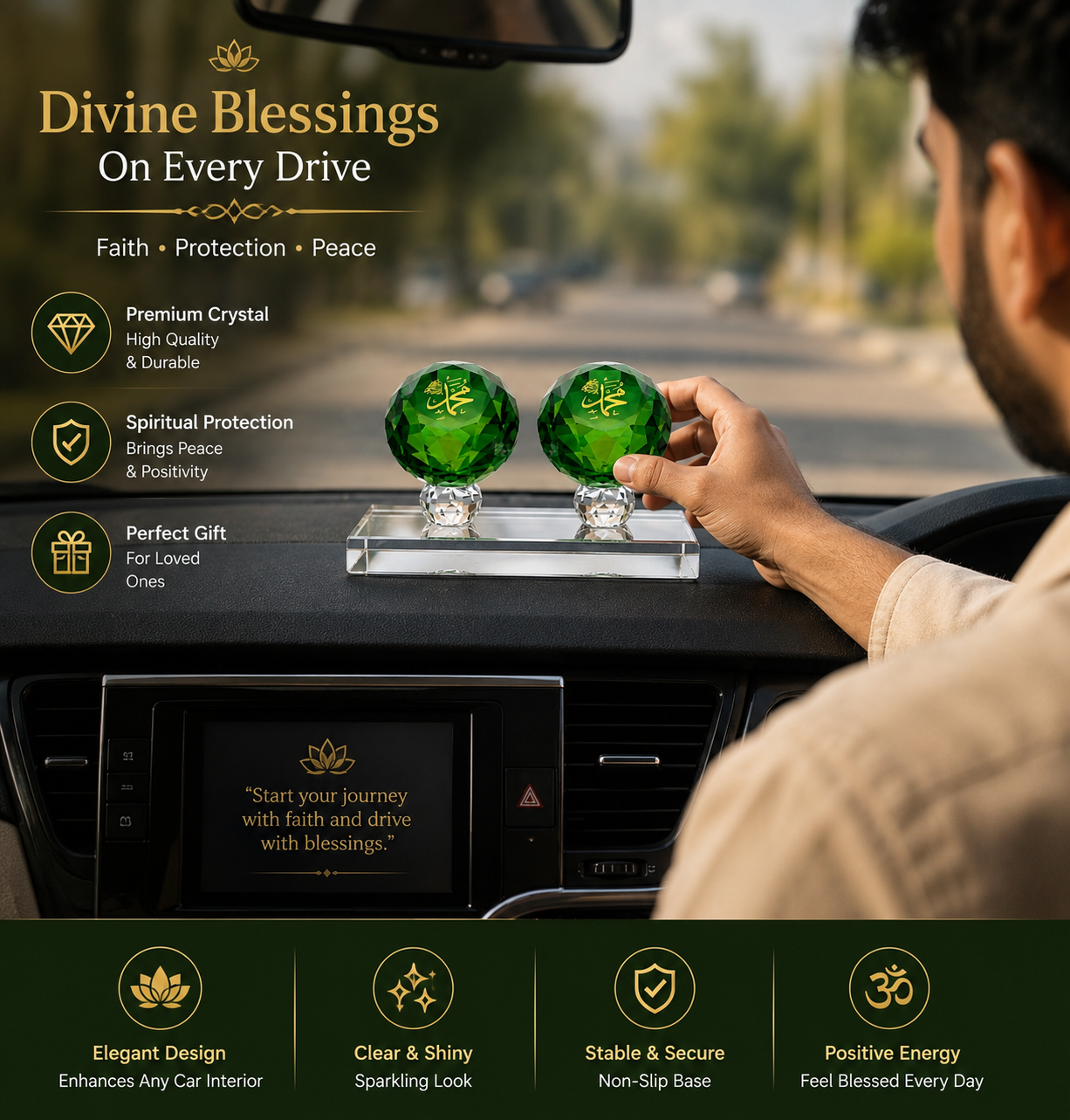 Premium Crystal Islamic Car Dashboard Showpiece | Elegant Spiritual Car Decor & Gift